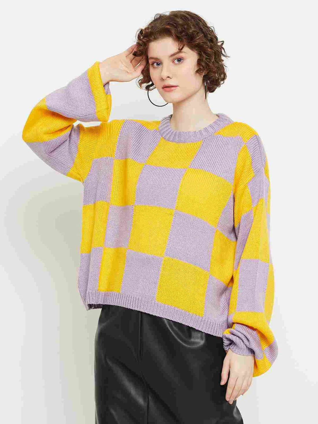 Women Round Neck Full Sleeves Checked Sweater