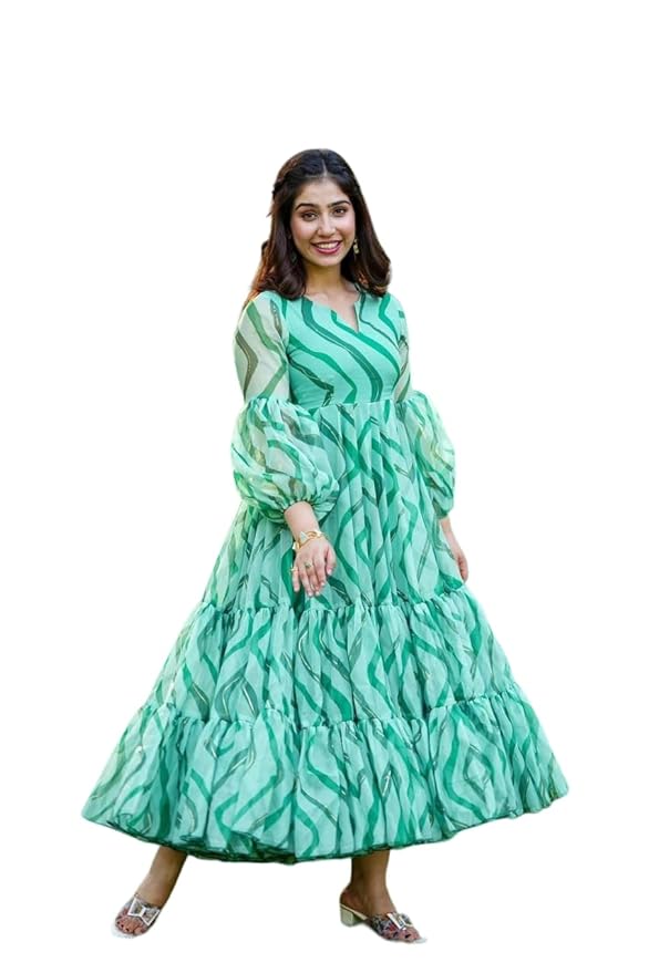 Printed Organza Ethnic Wear Lightweight Round Neck with V Shape Balloon Sleeve Gown