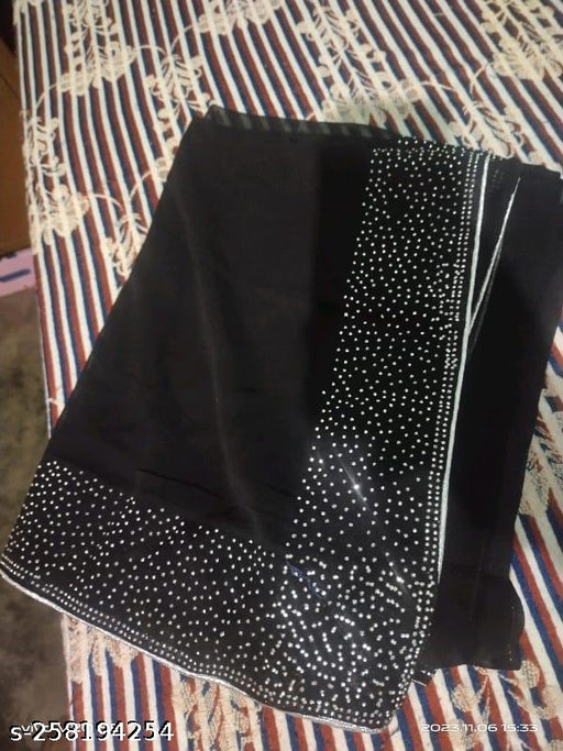 Premium Georgette Black Stone Work Stylish Saree With Separate Blouse Piece