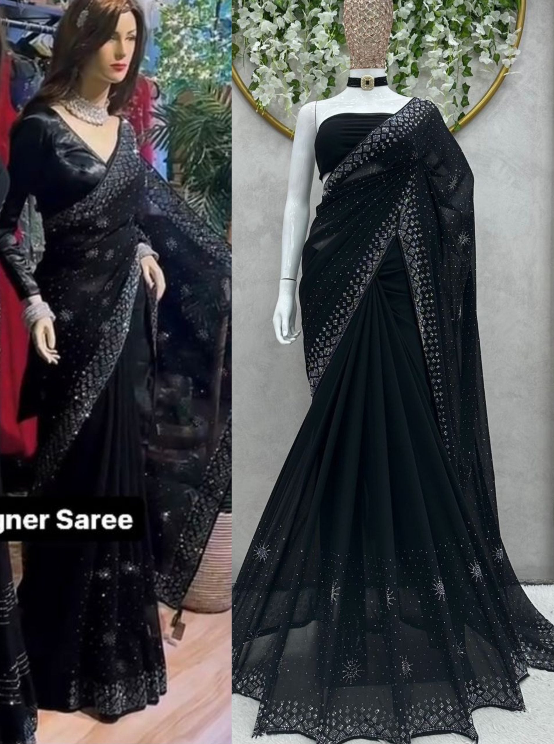 Beautiful Designer Saree on Faux Georgette with Hot Fix work and Blouse