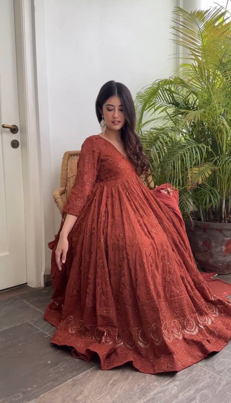 Premium Pakistani Heavy Georgette Long Flared Anarkali Gown Pant With Dupatta Set