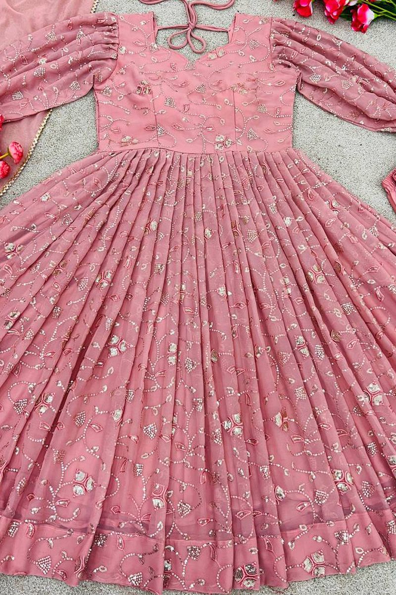 Light Pink Faux Georgette Sequence Work Gown