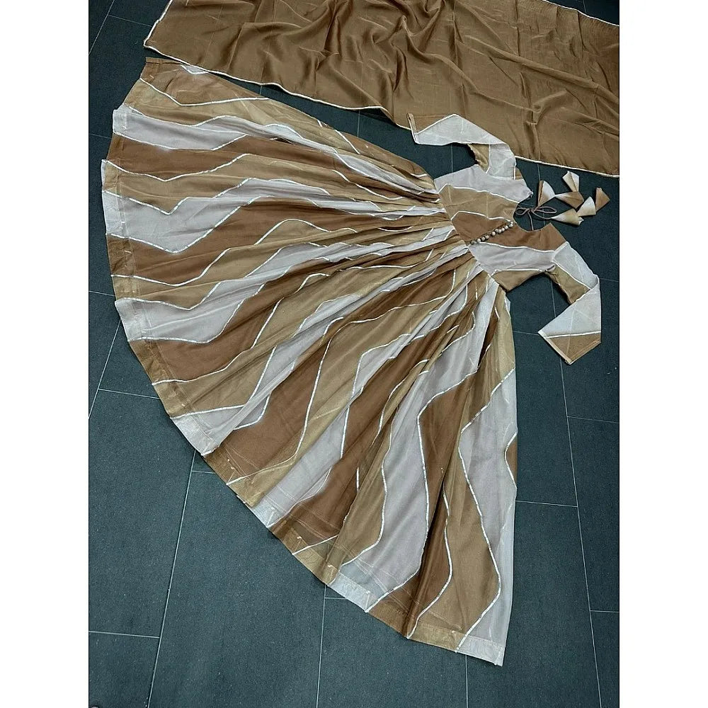 Mehndi green organza silk print and ribbon work anarkali suit