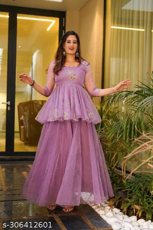 Celebrity Look Organza Suits Levander Embroidery Plazzo Set With Duppata For Partywear